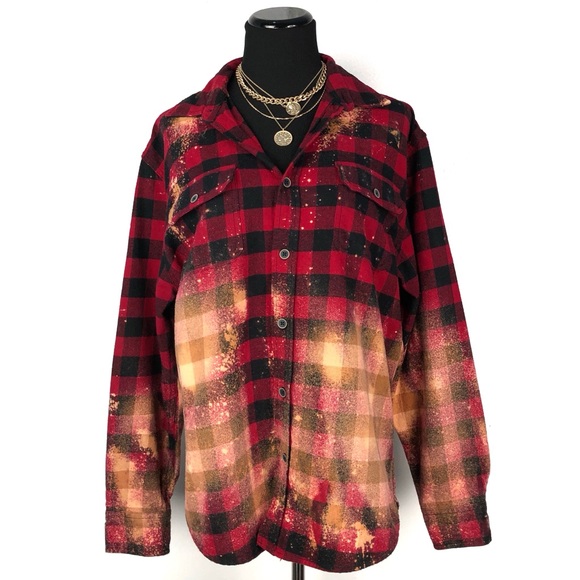 Sold🥀 Red Buffalo Plaid Bleach Splatter Flannel - Picture 4 of 12